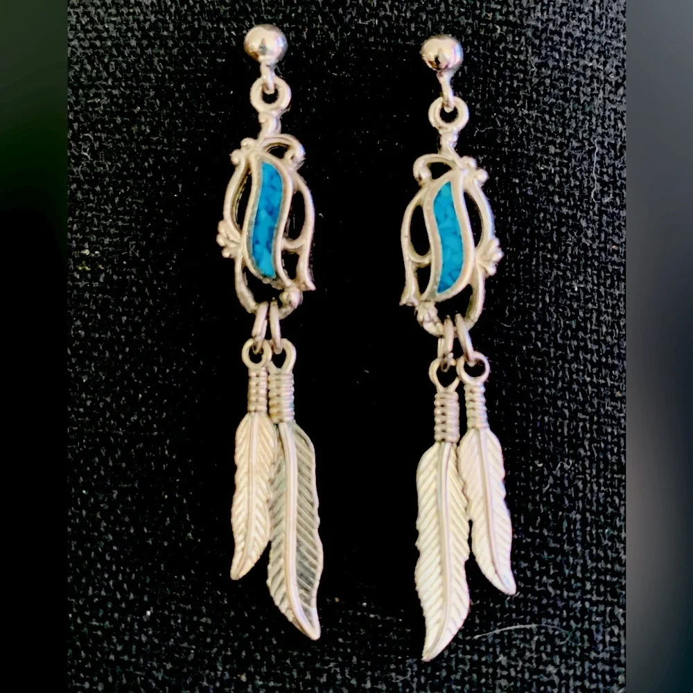 Native American Turquoise and Sterling Drop Feather Charm Earrings Wheeler Mark - Picture 1 of 5